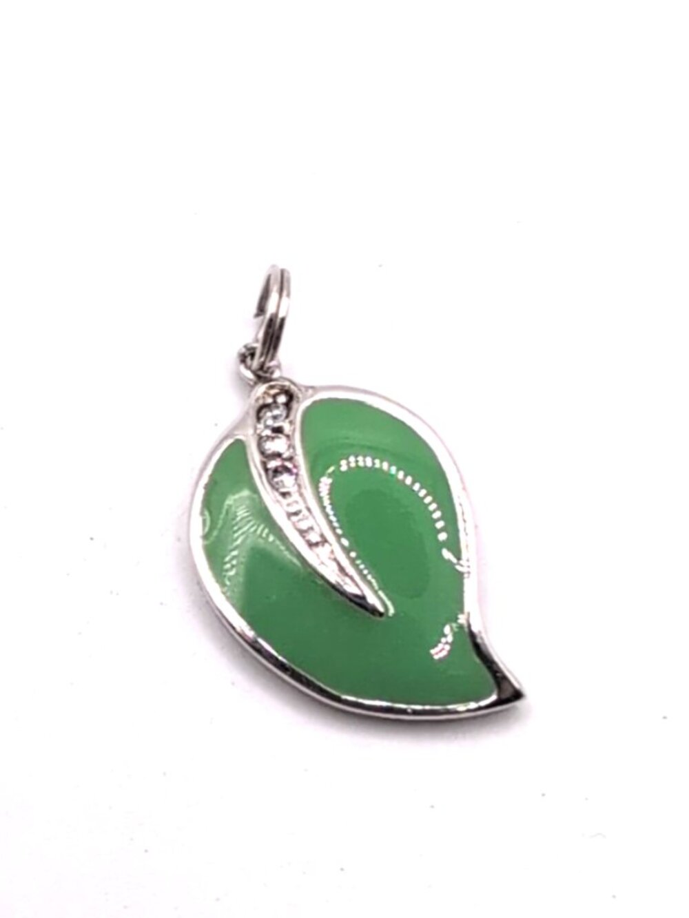 Sterling Silver 925 Leaf Shaped Pendant Green Enamel and Crystals 1" VGC